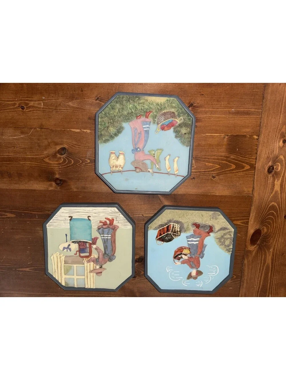 VTG 3D Wall Hanging Lot Laundry Scenes Octagon Home Decor Washing Clothing Theme